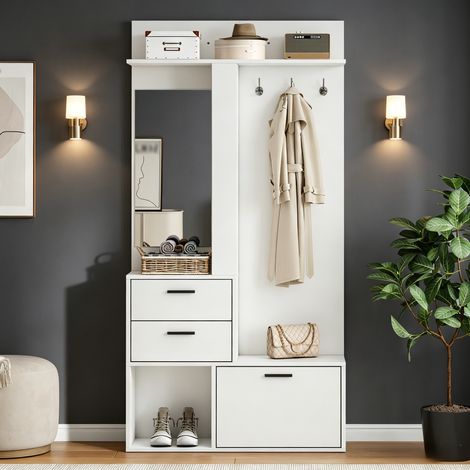 Modernluxe - Ensemble vestiaire d'entrée - 2 tiroirs et 1 étagère à chaussures - 3 crochets et 1 miroir - Étagères réglables - MDF - Blanc (1/5)