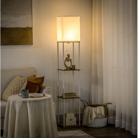 Lampadaire étagère en MDF et métal, 26 x 26 x 159 cm, abat-jour tissu, blanc, REDOM (1/5)