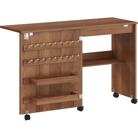 Table de couture pliante et meuble couture roulant - Marron - Porte magnétique de grange, 2 bacs, étagère et 18 chevilles - Pour couture - Design pratique (1/5)