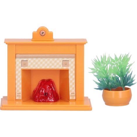 Cheminée miniature pour maison de poupée à l'échelle 1:12, comprenant une mini-cheminée, une plante en pot et une horloge décorative. (1/5)