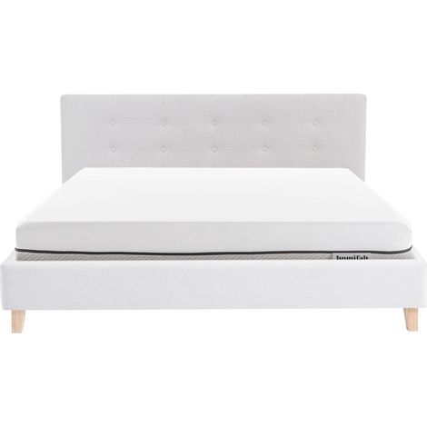 Ensemble Lit adulte 160x200cm avec tête de lit en tissu beige - Milo + Matelas ressorts ensachés - Spring Elite (1/5)