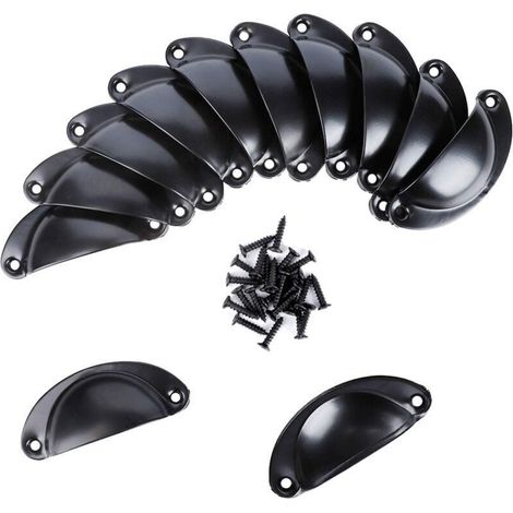 Lot de 12 poignées en forme de coquillage en fer pour porte de placard de cuisine, poignées de tiroir (poignées de tasse noires) (1/4)