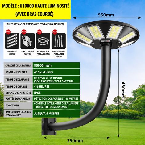 Lampadaire solaire extérieur LED U10000 haute luminosité avec mât courbé étanche IP65 u10000 4 3 kg – Livraison gratuite
