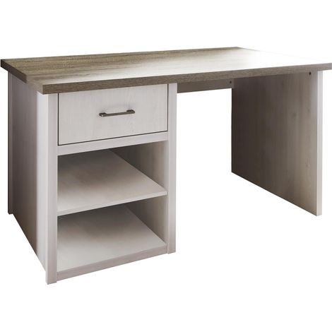 Schreibtisch im Landhausstil LUND-78 in Pinie weiß Nb./Trüffel Eiche Nb., B/H/T: ca. 141/77/81 cm (1/5)