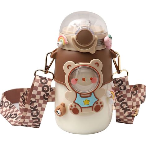 Gobelet en plastique souple avec paille portable, tasse à bec motif cartoon, gourde marron avec sangle (1/5)