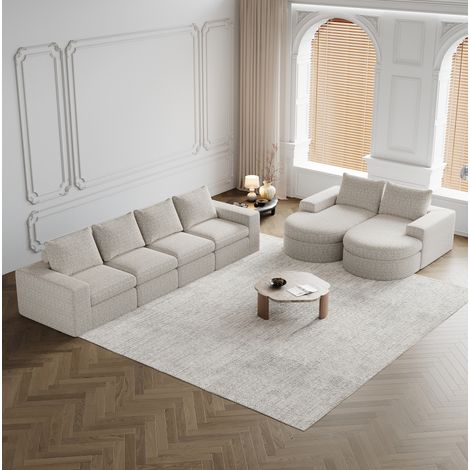 Divano modulare in ciniglia beige con chaise longue reversibile, set 2 pezzi senza montaggio (1/5)