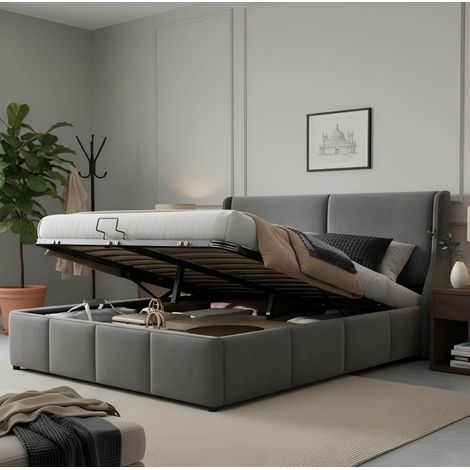Lit coffre 140x190 velours gris avec vérins HAVRYA (1/5)