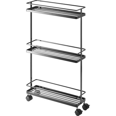 Desserte à roulettes en acier noir – Dimensions 66x38x12 cm – 3 étagères – Roulettes en plastique pour déplacement facile – Yamazaki (1/7)