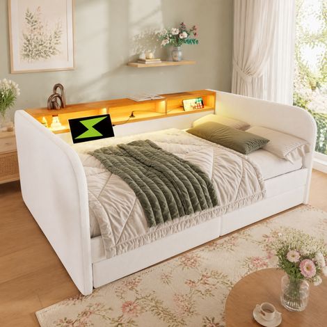 DESMIU Lit Banquette 140 × 190 cm 2 places avec LED, USB et Type-C, 2 tiroirs, sans matelas, en lin, beige (1/5)