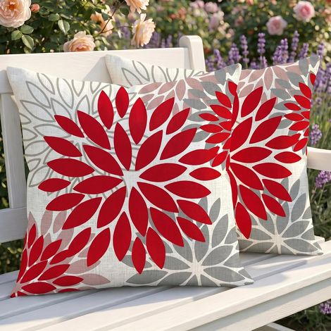 Lot de 2 Housses de Coussin Extérieur Imperméables 40x40 cm Motif Double Face Dahlias Rouge et Gris Design Moderne Coussin Canapé Décoratif pour Jardin Salon Balcon Camping (1/5)