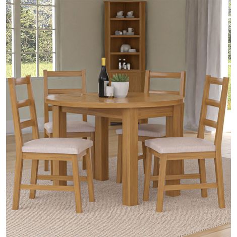 Hallowood Furniture Waverly Oak Small Round Dining Table and Chairs Set 4, Solid Wooden Drop Leaf Table Table and Chairs with Ladder Back and Beige Fabric Padded Seats for Home and Café (1/5)