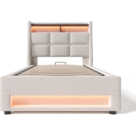 Cama tapizada 90x200 cm con USB y LED, lino beige, somier metálico, sin colchón (1/5)