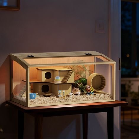Large Wooden Hamster Cage Clear Glass Chew Proof Playpen House with LED Lights for Gerbils Syrians Hamsters - 80cm