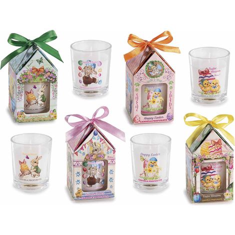 Candele pasquali profumate in vasetto / bicchiere di vetro e confezione a forma di casetta con fiocchetto, set da 8 pezzi, Candela: Ø 5,5 cm x 6,5 H