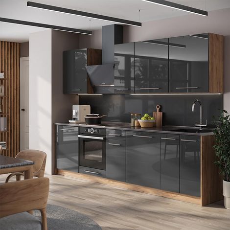 Mueble de cocina Fame-Line, Antracita alto brillo/Roble dorado, 280 cm, ET Roble, Vicco (1/5)