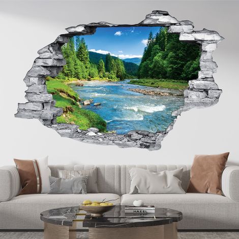 Stickers Trompe l'oeil trou dans le mur - Rivière de Montagnes - 30 x 45 cm - Pierres rouges (1/5)