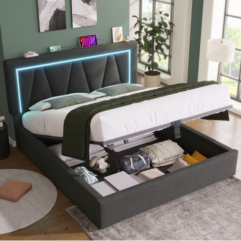 lit adulte rangement LED 160x200 lin gris tete reglable HAVRYA (1/5)