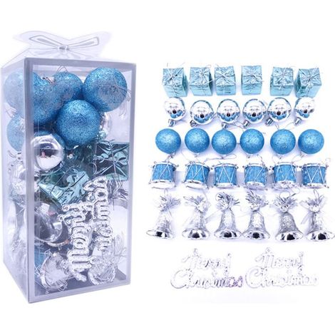 32-teiliger Weihnachtsbaumschmuck, Weihnachtskugeln, Festtagsornamente, Weihnachtsdekorationen, silberne und blaue Weihnachtsdekorationen aus Kunststoff (1/5)