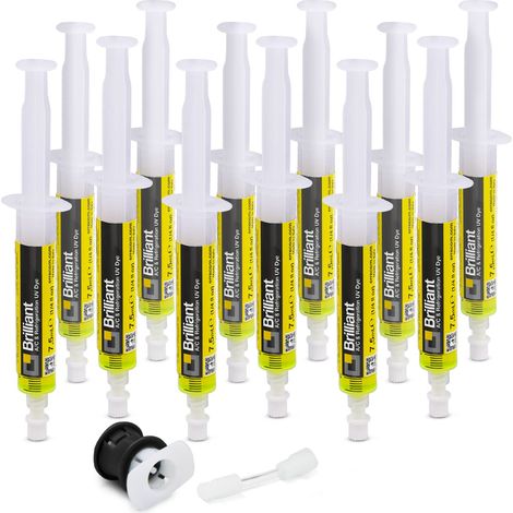 Errecom Brilliant - 12 x 7,5 ml, Tracciante Fluorescente UV per individuare Perdite di Gas Refrigerante negli Impianti di Climatizzazione Auto, include adattatore per gas refrigerante R134a (1/5)