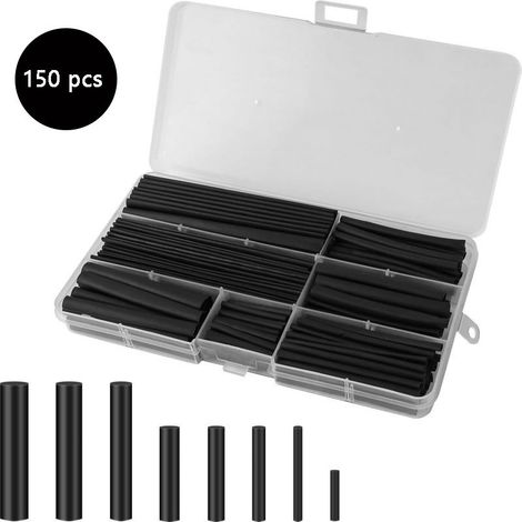 150-Piece Heat Shrink Tubing Kit – Diameters 2 to 13 mm – 2:1 Shrink Ratio – For Electrical and Plumbing Repairs – 150 Pieces – Black (1/5)