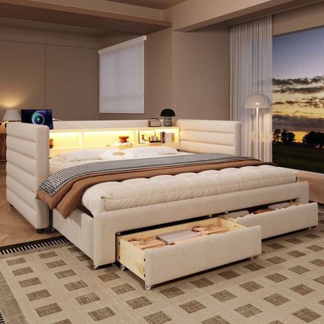lit gigogne 90x190, gain d'espace canapé gigogne, rangement intégré, ports USB, LED multicolore (1/5)