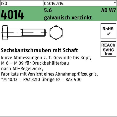 ISO 4014 Sechskant-Schaftschraube nach AD W7 für Druckbehälterbau M10x70 Stahl 5.6 galvanisch verzinkt 100 Stk (1/2)
