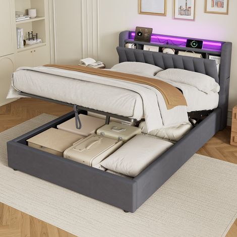 Polsterbett Stauraumbett 140x200 cm mit LED-Beleuchtung, gepolstertem Bettrahmen und Steckdose, in Grau, ohne Matratze (1/5)