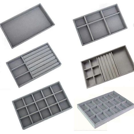 Ensemble de 6 boîtes de rangement pour bijoux : 1 plateau gris vide + 6 compartiments gris + 3 compartiments + 1 compartiment gris + 3 compartiments en 1 gris + 15 compartiments gris + 18 compartiment (1/5)