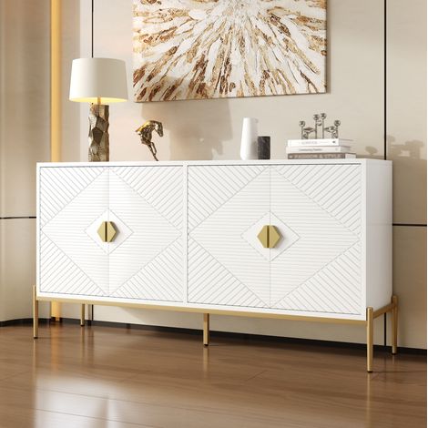Aparador blanco de 4 puertas 162 x 40 x 80 cm con relieve geométrico y patas metálicas DESVIAE (1/5)