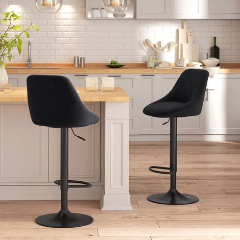 Barhocker 2er Set Höhenverstellbar Drehbar Barstühle mit Samtoptik Tresenhocker mit Rückenlehne mit Diamant-Tufting und Fußstütze für Bar, Theke, Esszimmer, Stahl Schwarz