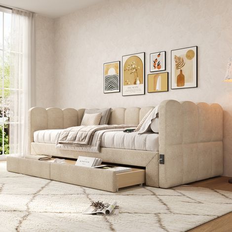 Cama tapizada, diván, sofá cama, con 2 cajones para almacenamiento, sofá cama, diván de 90x190 cm, extensible a 180 cm, con puerto USB, chenilla beige. (1/5)