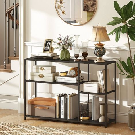 Table console avec 4 étagères - 110x30x75 cm - Table d'entrée fixe fine de style industriel en acier pour couloir - Noir (1/5)