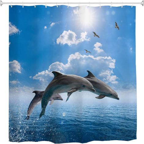 Rideau de douche Dauphins 180x200 cm, Rideau de bain en tissu anti-moisissure et imperméable motif océan et dauphin pour salle de bain avec 12 crochets (1/5)