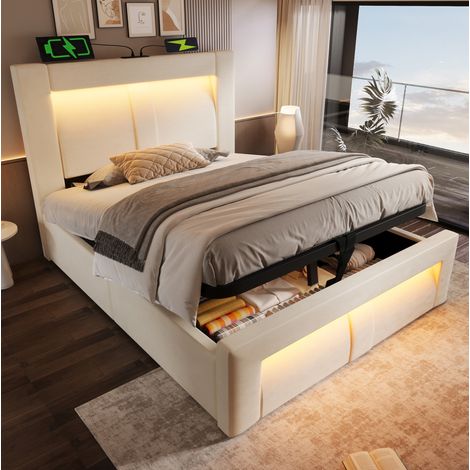 letto letto 90x200 contenitore LED beige OKMYHOME (1/5)