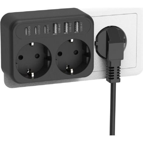 Multiprise Convertisseur EU – Idéal Bureau & Voyages,Prise européenne 8 en 1,3 ports USB3 + 3 ports Type-C,noir (1/5)