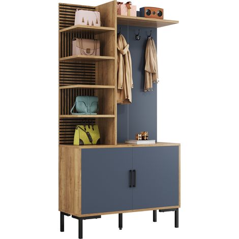 Garde-robe d'entrée compacte avec crochets, étagère réglable, 4 rangements latéraux, pieds métal et style industriel bois, idéale pour organiser l'entrée  CHICFURN (1/5)