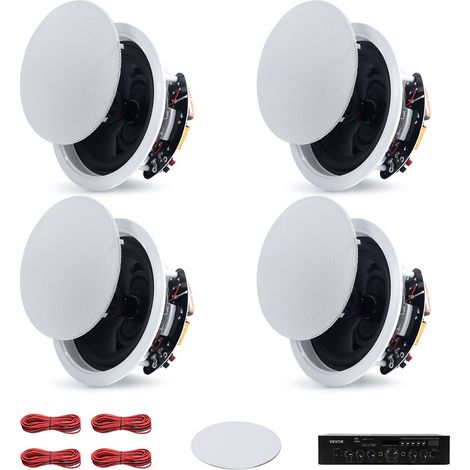 Enceinte Encastrable Plafond Bluetooth 165,1 mm Enceintes de Plafond 4 PCS pour Intérieur Humide, Home Cinéma, Salon, Porche Couvert, avec Amplificateur, 2 Voies à Montage Affleurant Filaire