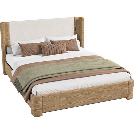 CHICFURN Lit coffre 180x200 relevable avec LED, télécommande 7 couleurs, matelas 8 à 12 pouces, revêtement cuir régénéré et velours côtelé beige (1/5)