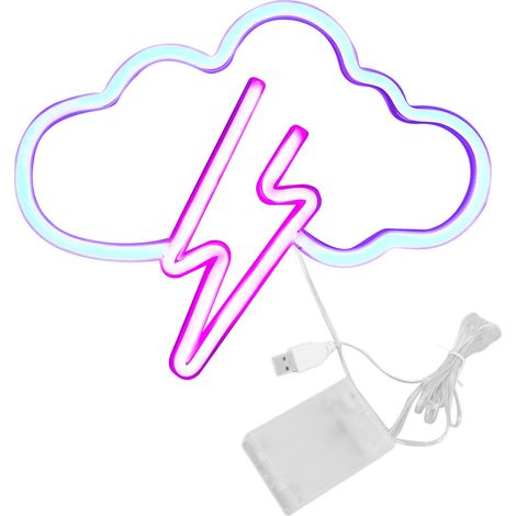 Ortviai Panneau LED néon 5 V avec alimentation USB ou piles AA – motif Éclair et Nuage, 29 x 24 cm, lumière rose/bleue (1/5)