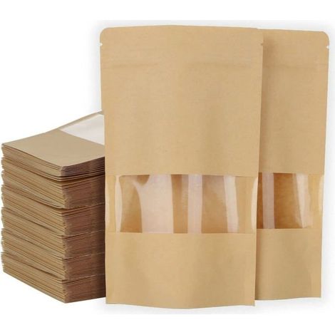 Lot de 200 Sachet kraft Alimentaire avec Fenetre, 16×22CM Sachet Kraft Zip Réutilisables, Imperméable Sac Kraft Alimentaire (1/4)