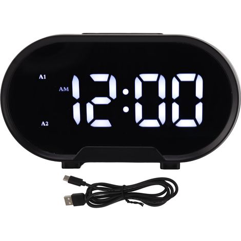Digital Alarm Clock USB LED Display White Light Mirror Electronic Desktop Clock for Bedroom Living Room Office Black Case