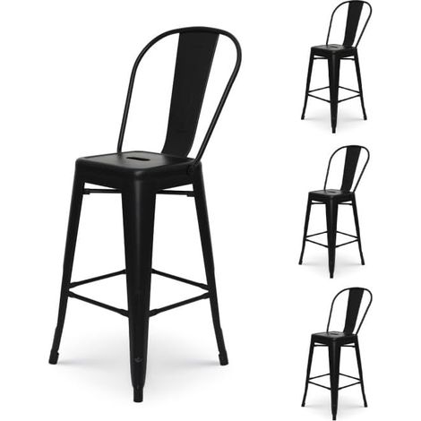Lot de 4 tabourets de Bar en métal Noir Mat Style Industriel - Dossier Haut - Hauteur 66cm (1/5)