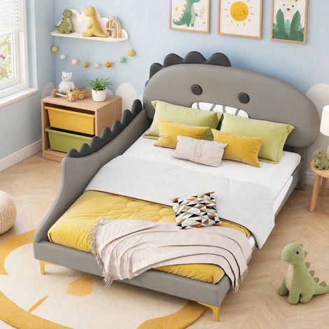 Kinderbett 140x200 cm Grau aus PU und MDF in Dinosaurier-Form mit stabilem Kopfteil (1/5)