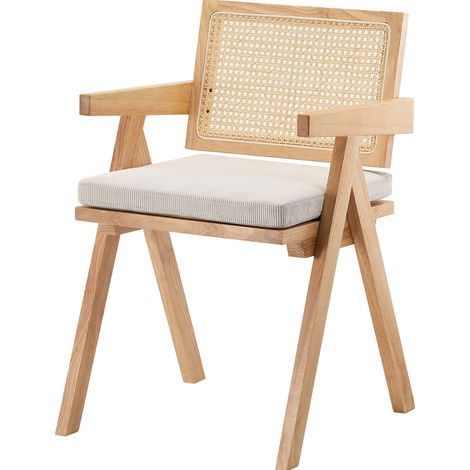 Chaise en bois massif, cannage naturel et velours côtelé beige - Lina (1/5)