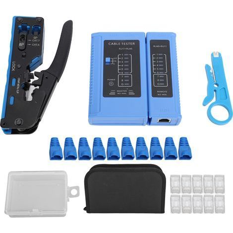 Kit d'outil de sertissage RJ45, sertisseur Ethernet traversant pour connecteurs modulaires Cat5e, Cat6 et Cat6a 8P6P, outil de sertissage et testeur Cat6 tout-en-un (pile non incluse) (1/5)