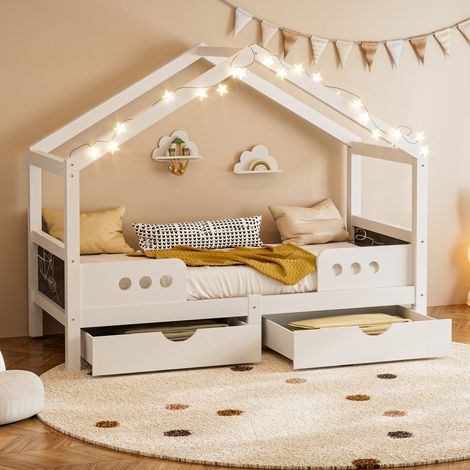 Lit enfant avec toit et 2 grands tiroirs - Cadre bois/MDF robuste, charge 120kg - Vernis UV inodore - Pour matelas 90x200cm (sans Matelas) (1/5)
