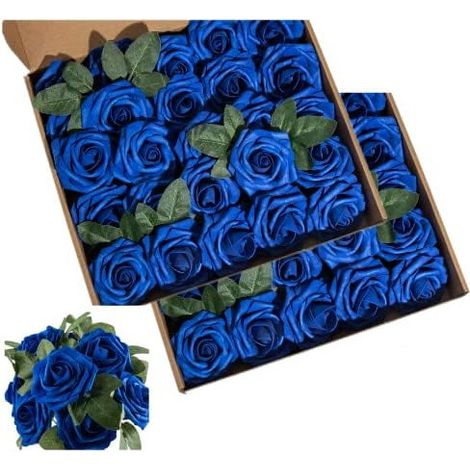 Roses en mousse bleu royal (50 roses) – Roses artificielles réalistes avec tiges et feuilles, adaptées à la décoration de la maison, des fêtes, des mariages et du jardin.