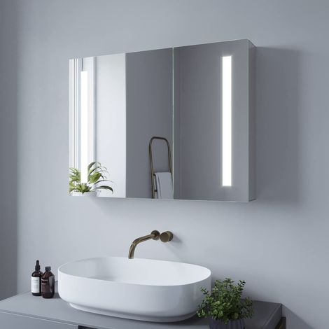 Armoire Murale Salle de Bain avec Miroir et Prise 80 x 60 cm, Armoire de Toilette Porte à Miroir Lumineux, LED Éclairage Dimmable, Capteur IR, Antibuée, en Aluminium Durable (1/5)