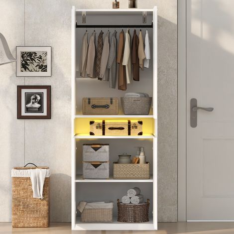 Armario de 70 × 55 × 180 cm, con compartimentos iluminados, luz LED, amplio espacio de almacenamiento y zona para colgar ropa, armario individual, blanco. (1/5)