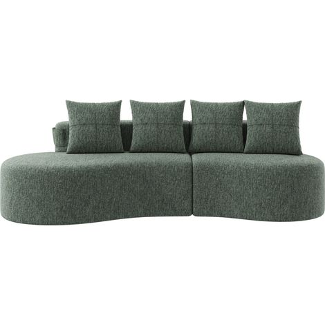 Canapé Droit 3 Places en Lin vert avec Coffre de rangement, Porte-gobelets, Pochettes et Coussins inclus,240×109×63cm (1/5)